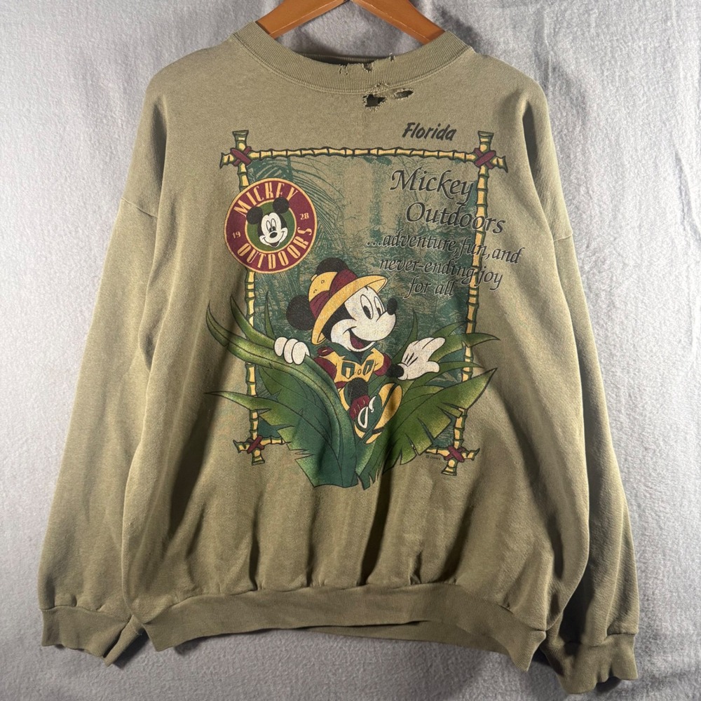 Vintage Disney Mickey Outdoors Florida Sweatshirt Tultex Olive Green XL
